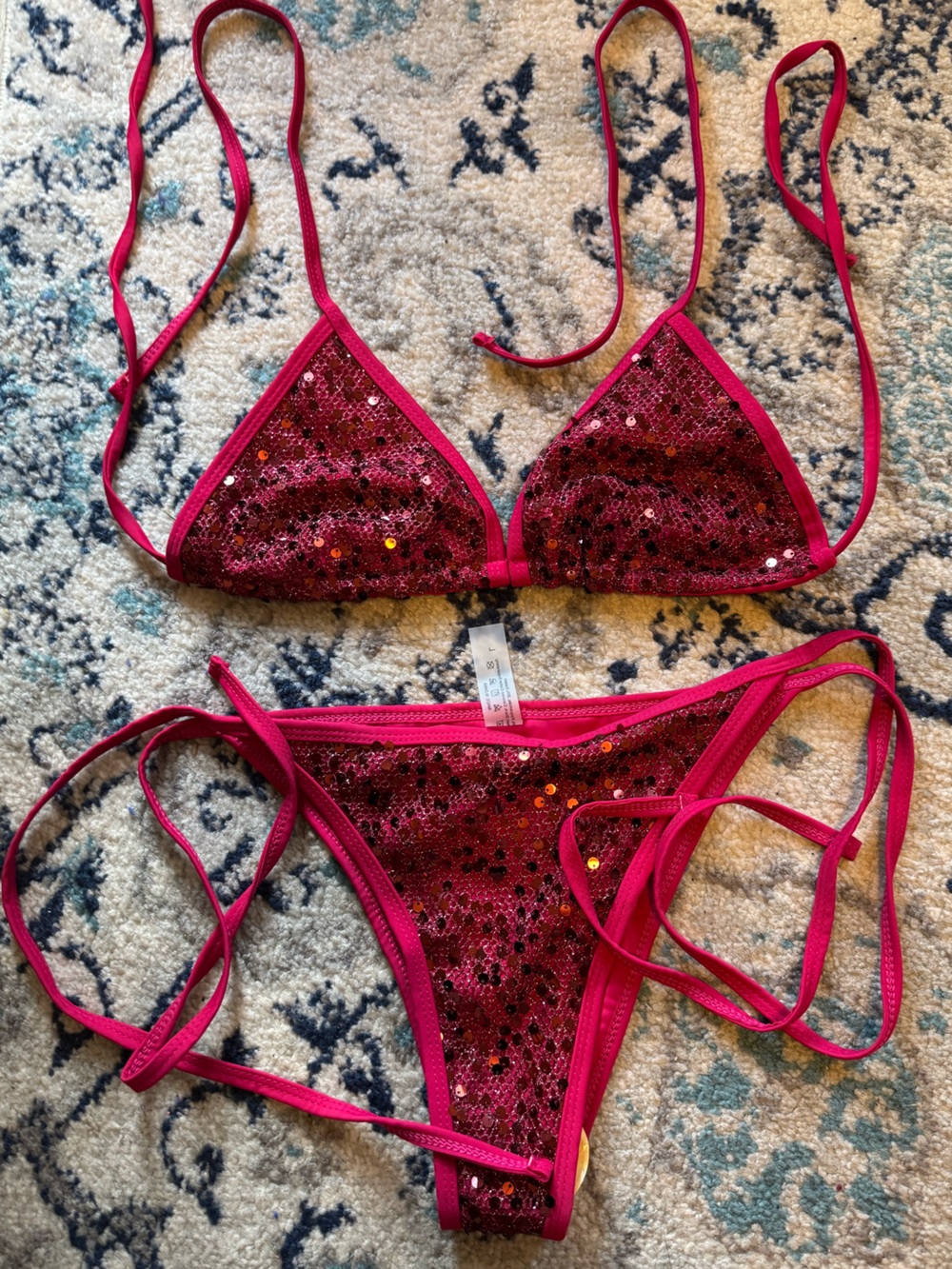 Dark Hot Pink Sequin Triangle Bikini Set New Medium